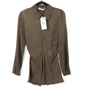 Zara Shirt Women's Size XS Ruched Button Down Long Sleeve Brown NWT